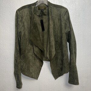 BLANKNYC Womens Faux Suede Jacket Open Front Waterfall Draped Green Size L